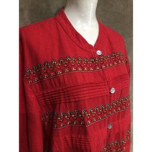 Vintage 2X Plus Red Floral Embroidered Short Sleeve Cotton Top Blouse #390